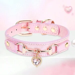 1Pc PU Leather Delicate Pet Dog Collar, High-Quality Leather Fabric And Alloy Fittings. Beautiful Gemstone Decoration.8-15''Neck